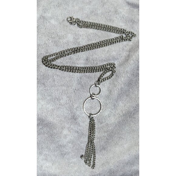 Geometric Multi Ring Silver Tone Tassel Pendant Necklace - Picture 4 of 4